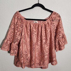 Meraki Womens Large Off-Shoulder Lace Blouse Bell Sleeves Mauve Crop top